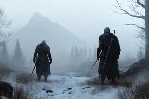Two men in black armor walking through a foggy forest photo