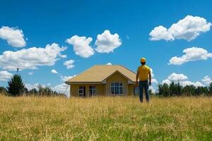 A man standing in front of a house with clouds in the background photo