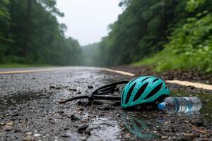 A bicycle helmet and water bottle on the side of a road photo