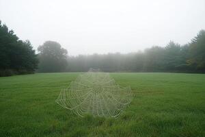 A spider web in a field of grass photo