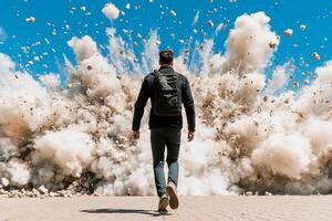 A man walking away from a large explosion photo