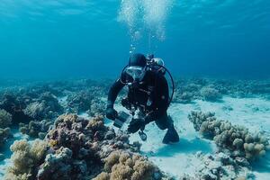 A scuba diver in the water near coral reefs photo