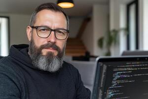 A man with a beard and glasses sitting in front of a computer photo