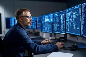 A man in a blue shirt is sitting at a computer with multiple screens photo