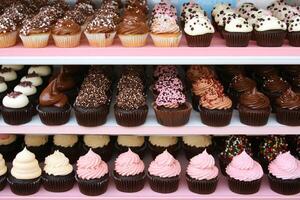 A display of cupcakes on a shelf photo