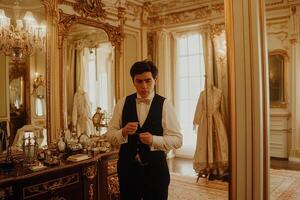 A man in a tuxedo standing in front of a mirror photo