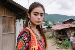 A young woman in a colorful dress standing in front of a hut photo