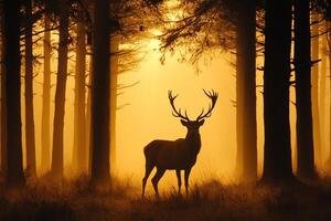 A deer stands in the woods at sunset photo