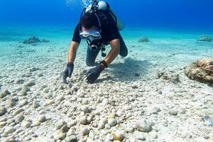 A scuba diver in the ocean looking at rocks photo