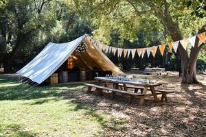 A tent with a picnic table and bunting flags photo