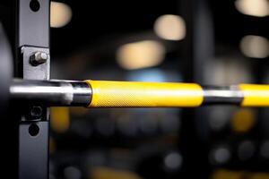 A barbell with yellow handles in a gym photo