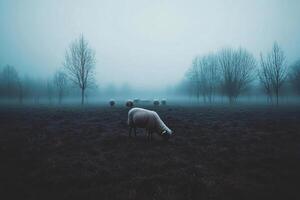 Sheep grazing in a foggy field photo