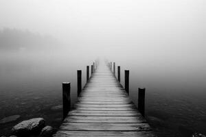 A black and white photo of a dock in the fog