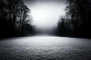 A black and white photo of a field in the fog