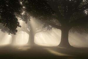 Sunlight shining through trees in a foggy park photo