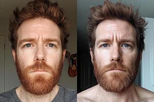 A man with a beard before and after shaving photo