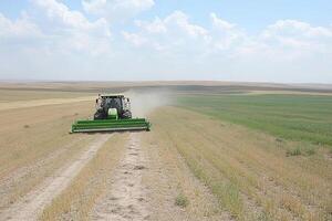 A tractor is working in a field photo
