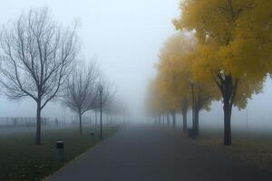 A park with a sidewalk and trees in the fog photo