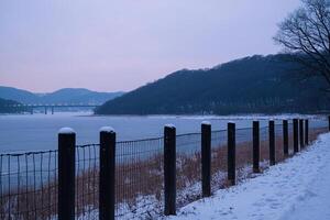 A fence is next to a body of water and a bridge photo