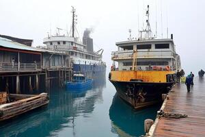 A boat is docked next to a dock photo