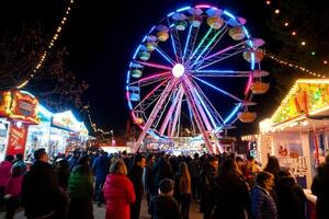 A large crowd of people at a carnival with a ferris wheel photo