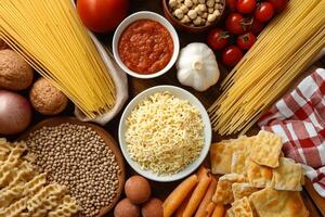 Various types of pasta and other foods are arranged on a table photo