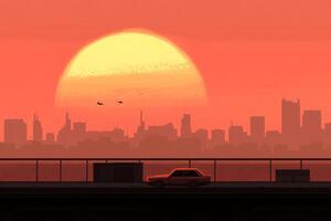 A car is parked in front of a city skyline photo