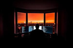 A person sitting at a computer in front of a window with a sunset in the background photo