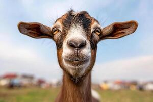 A goat looking at the camera with its mouth open photo