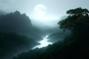 A river runs through a forest with a moon in the sky photo