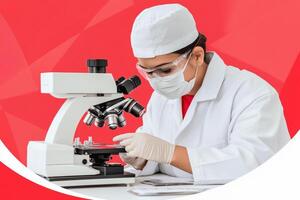 A woman in a lab coat is looking at a microscope photo