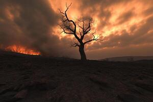 A tree stands in the middle of a field with a fire in the background photo