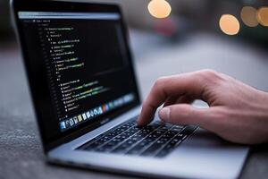 A person typing on a laptop with code on it photo