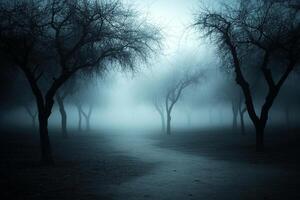 A path through a foggy park with trees photo