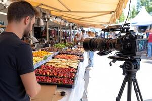 A man is filming a of a market photo