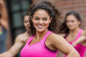 A woman in a pink top is smiling while others are in the background photo