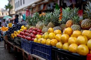 A fruit stand with pineapples, oranges, and other fruit photo