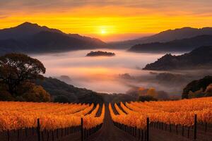 A vineyard field with fog and mountains in the background photo