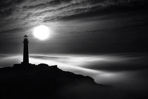 A black and white photo of a lighthouse in the fog