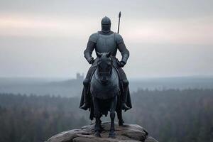 A statue of a knight on a horse in the middle of a forest photo