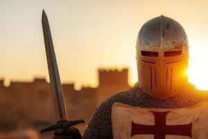 A knight in armor holding a sword at sunset photo