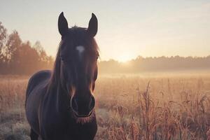 A horse is standing in a field at sunset photo