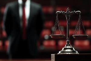 A man in a suit stands in front of a justice scale photo