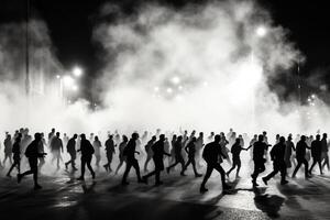 A group of people walking in the street with smoke coming out of them photo