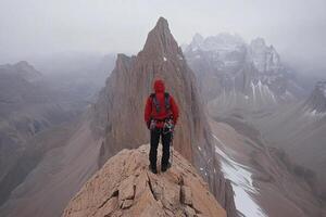 A person standing on top of a mountain with a red jacket photo