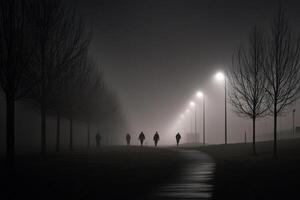 People walking in the fog on a path photo