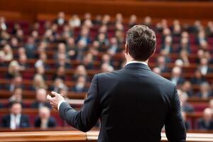 A man in a suit is giving a speech in front of a large audience photo