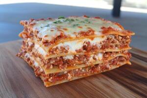 A stack of lasagna on a wooden cutting board photo