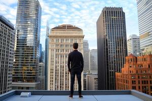A man standing on a roof looking at the city photo