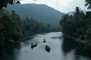 A river with three boats floating down it photo